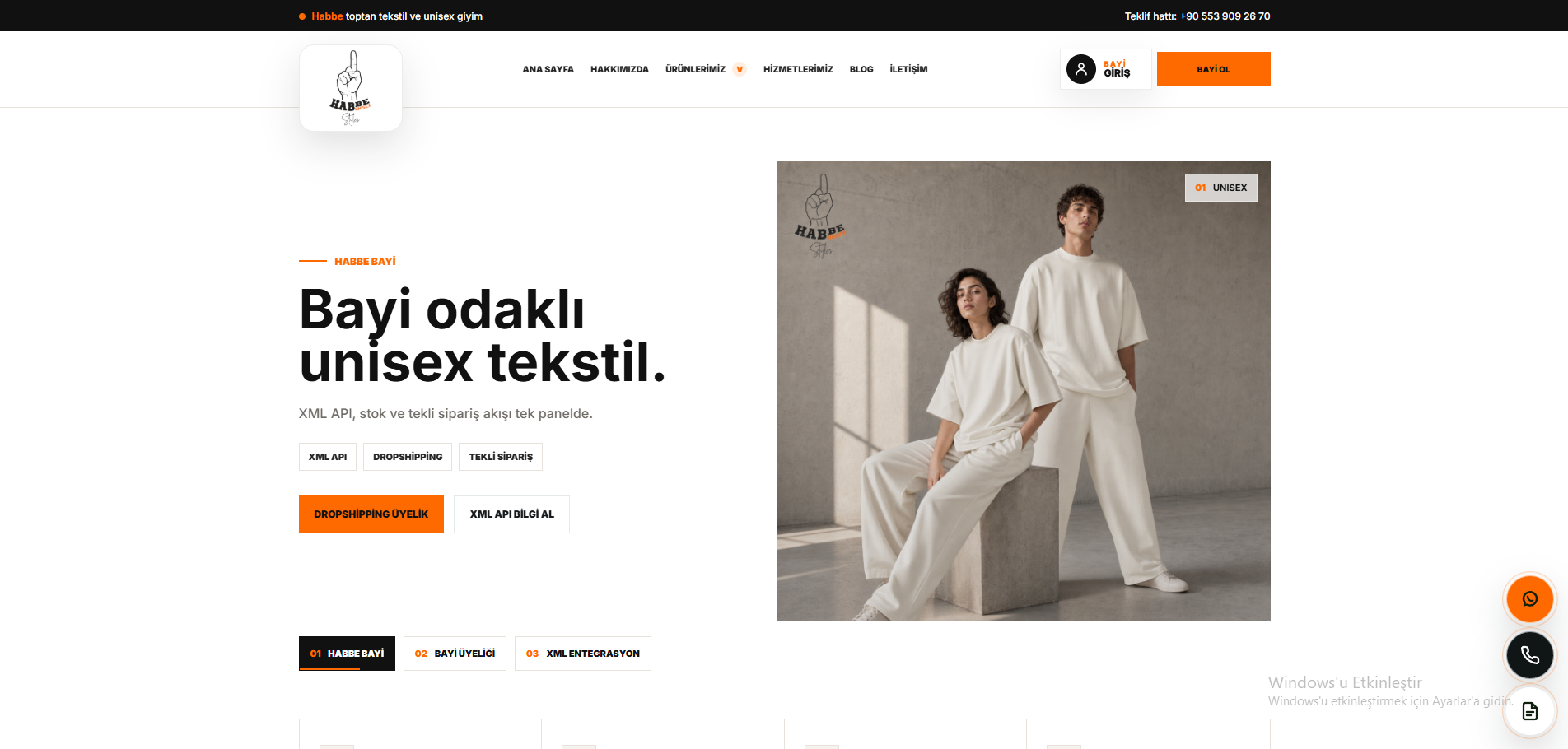 Habbe Bayi web sitesinin bayi odaklı unisex tekstil ana sayfası