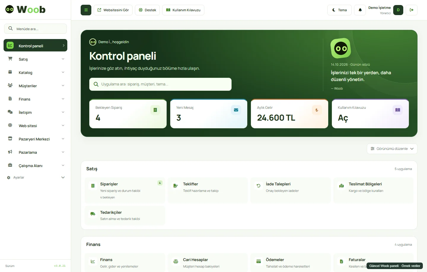 Woob yönetim panelinin temsili verilerle hazırlanmış gerçek ekranı